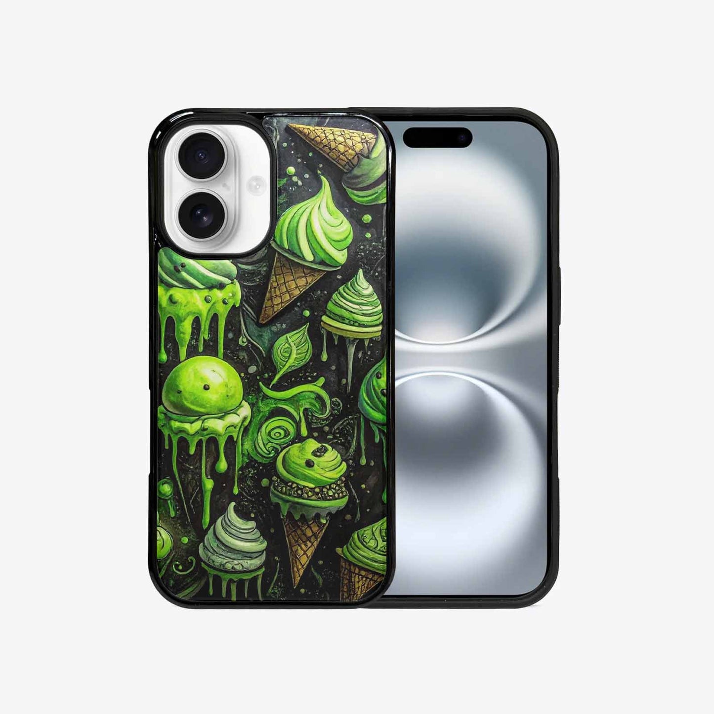 iPhone 16 Case — Ice Cream Motif Black Green Ink, Personalized Phone Case