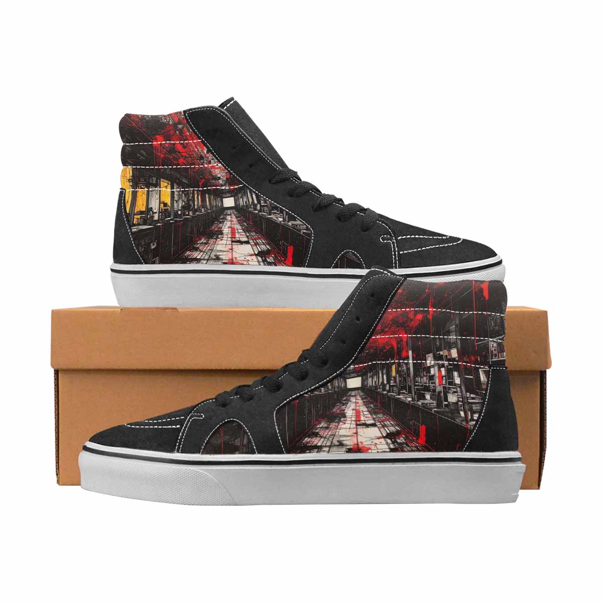 WOMEN'S Liminal Black & Red Ink High Top Canvas Streetwear Grunge Custom Print Sneakers