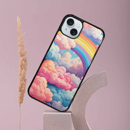 iPhone 15 Plus Case — Cloud And Rainbow Burst Pattern Hundreds, Unique Phone Case Design