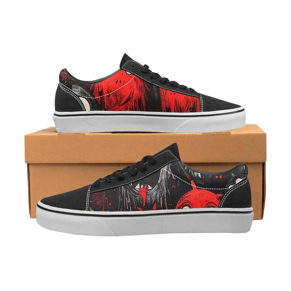 WOMEN'S Monsters Black & Red Ink Canvas Made To Order Vibrant Chaos Handmade Custom Shoes