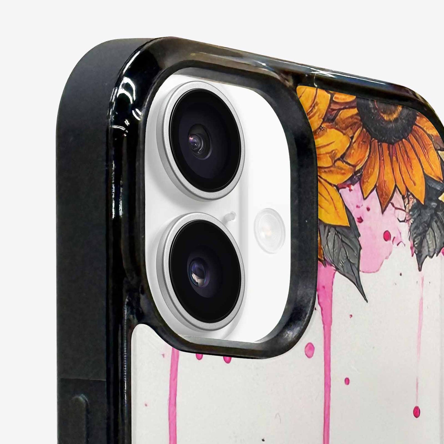 iPhone 16 Case — Sunflower Burst Black Pink Ink Sunflowers, Custom Printed Phone Case