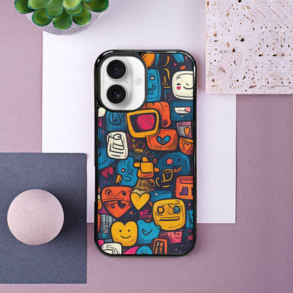 iPhone 16 Case — Hand Drawn Icon Doodle Pattern Hundreds, Original Design Phone Case
