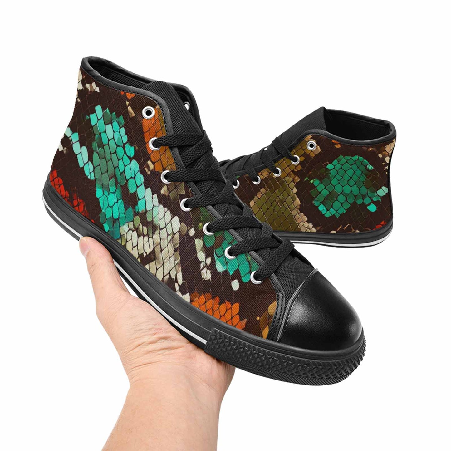 WOMEN'S Dark Snake Print High Top Canvas Vibrant Chaos Custom Sneakers