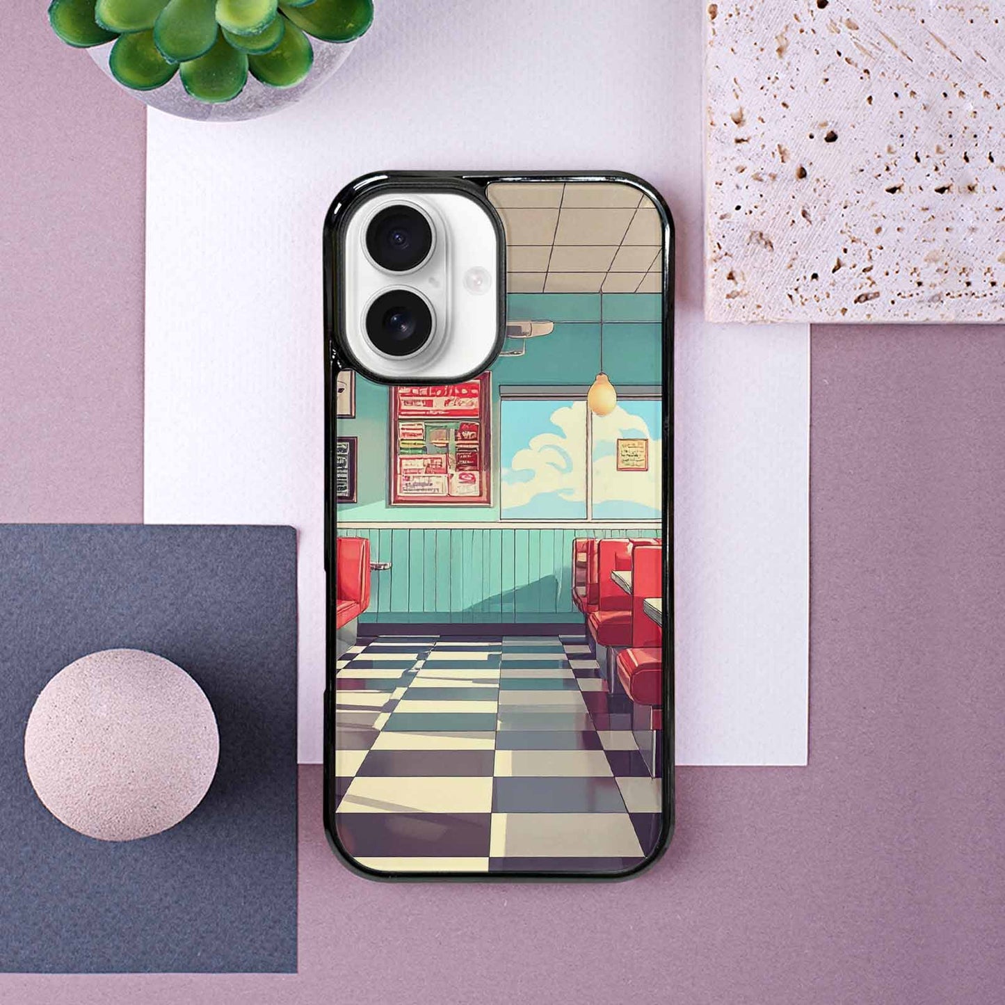iPhone 16 Case — 1950s Diner Cartoon Art Pattern, Custom Designed Case Cover