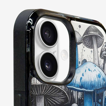 iPhone 16 Plus Case — Mushrooms General Black Blue Ink Mushrooms, Custom Print Case Cover