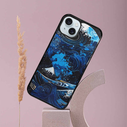 iPhone 15 Plus Case — Nautical Wave Black Blue Ink Wave, Custom Designed Case Cover
