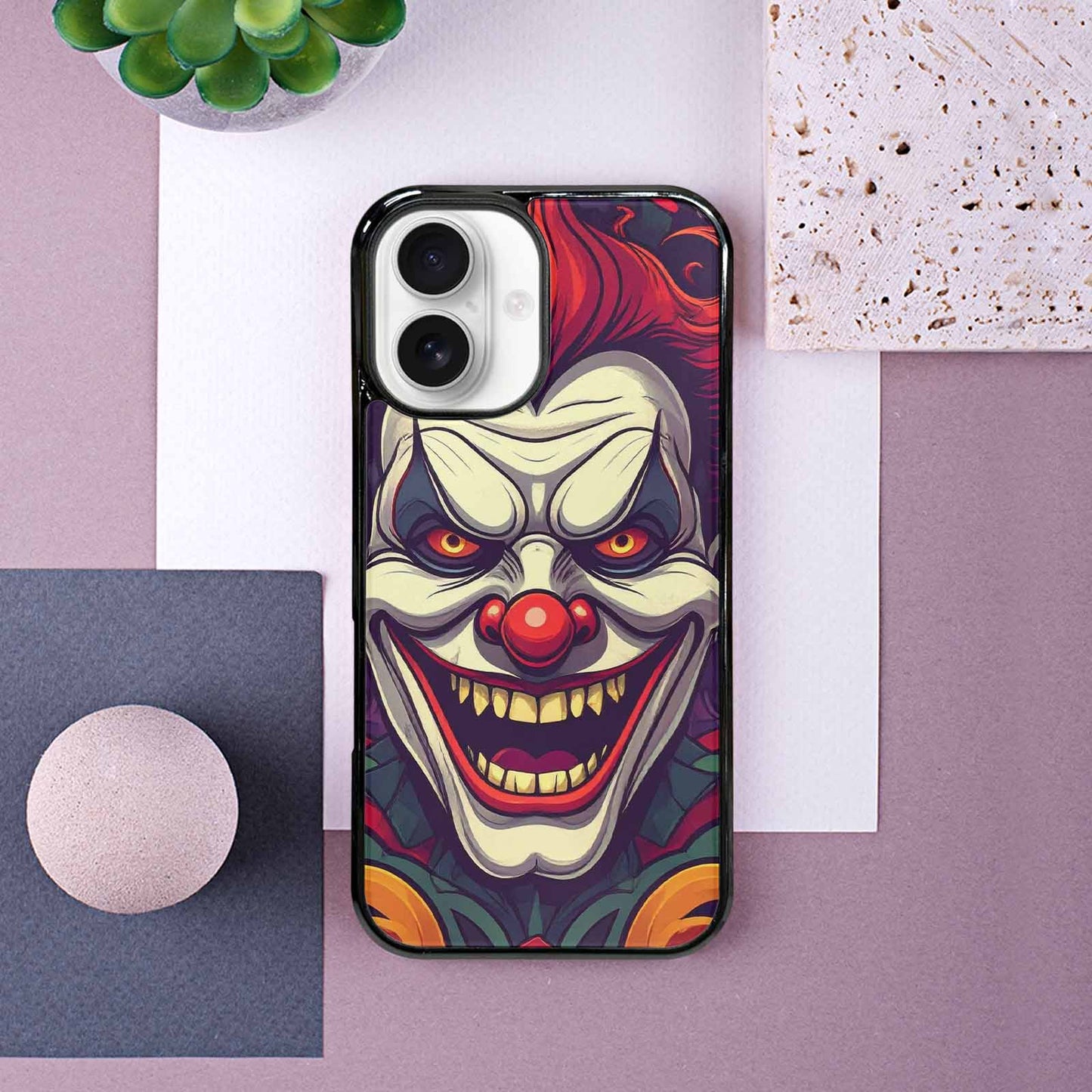 iPhone 16 Case — Evil Circus Heads Faces Overlapping Patterns, Custom Made Phone Cover