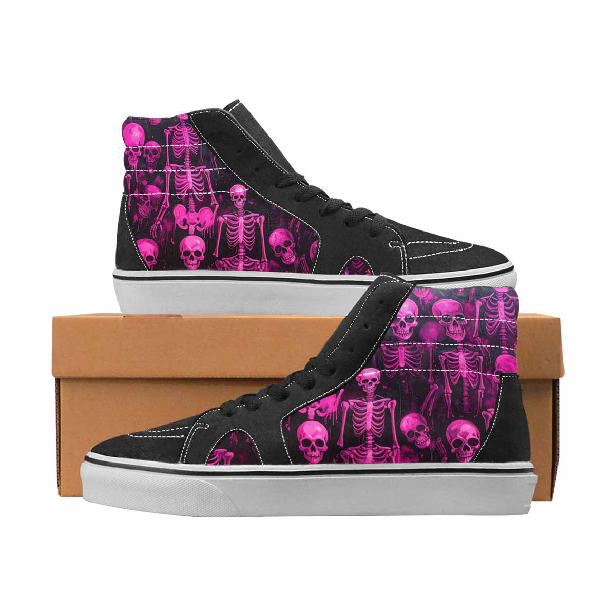 WOMEN'S Skulls Neon Pink Glow High Top Canvas Statement Wallpaper Art All Over Print Shoes