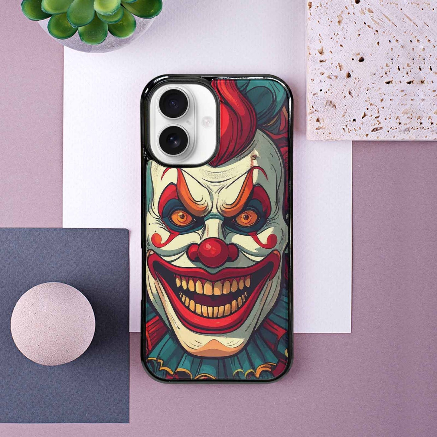 iPhone 16 Case — Evil Circus Heads Faces Overlapping Patterns, Original Design Phone Case