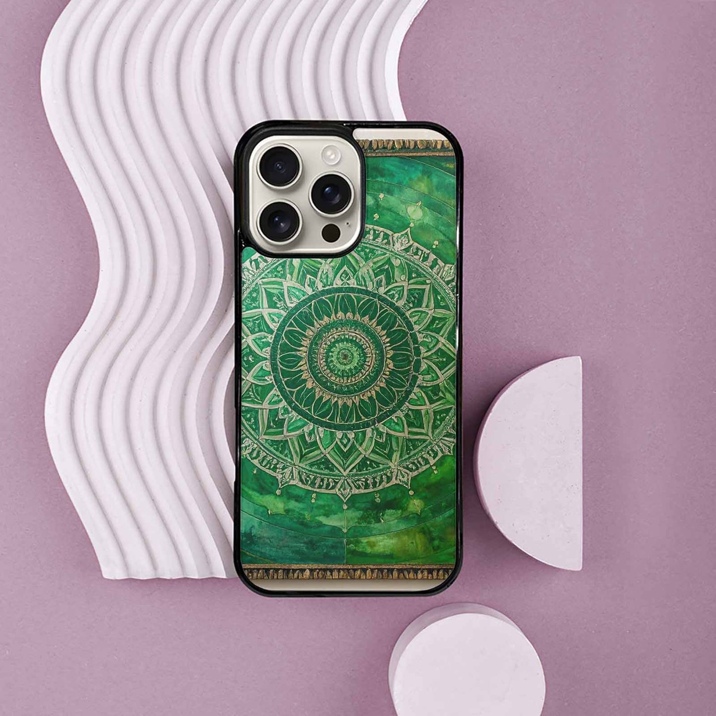 iPhone 16 Pro Max Case — Green Mandala Bohemian Print Edge To, Custom Printed Phone Case