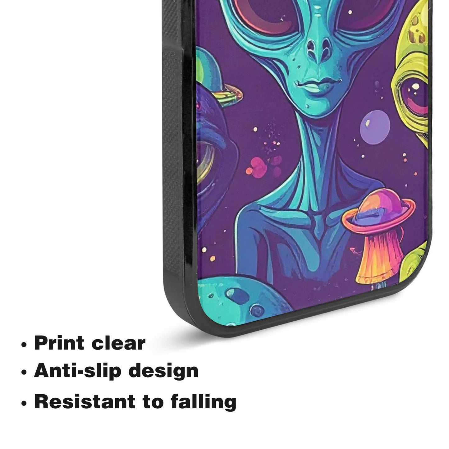 iPhone 15 Plus Case — Alien Ufo Cartoon Art Pattern Groovy, Custom Printed Phone Case