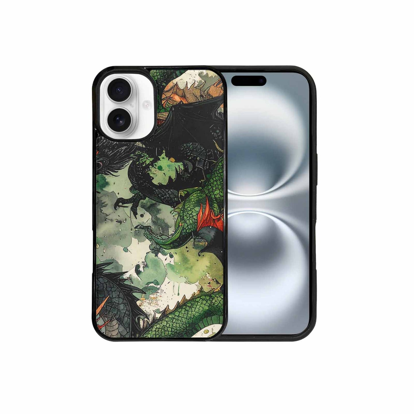 iPhone 16 Plus Case — Dragon Scale Black Green Ink Dragons, Custom Print Case Cover