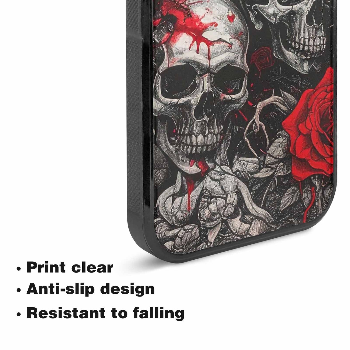 iPhone 15 Plus Case — Skull And Roses Black Red Ink, Unique Phone Case Design