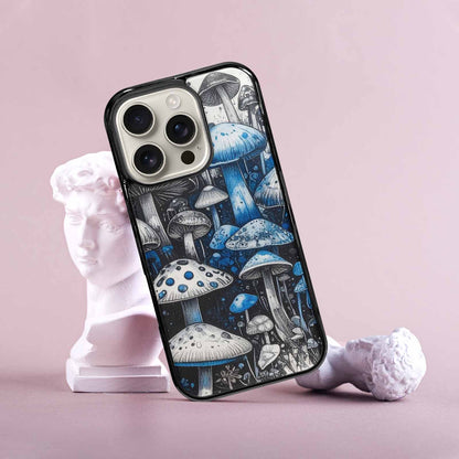 iPhone 16 Pro Case — Mushrooms General Black Blue Ink Mushrooms, Custom Phone Case