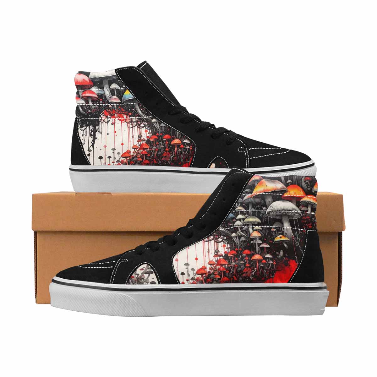 MEN'S Mushrooms Black & Red Ink High Top Canvas Custom Design Neon Fantasy Handmade Custom Shoes