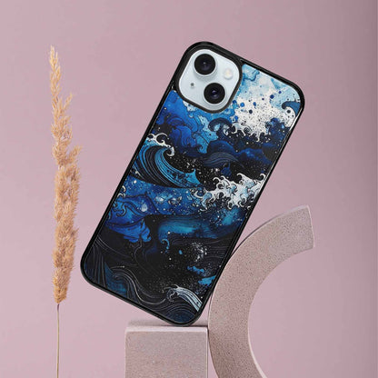 iPhone 15 Plus Case — Nautical Wave Black Blue Ink Wave, Custom Print Case Cover