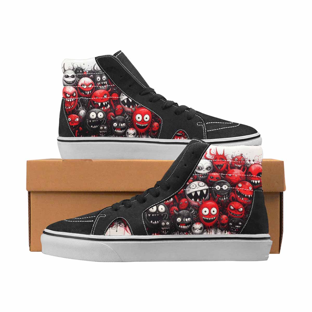 WOMEN'S Monsters Black & Red Ink High Top Canvas Streetwear Grunge Original Art Sneakers
