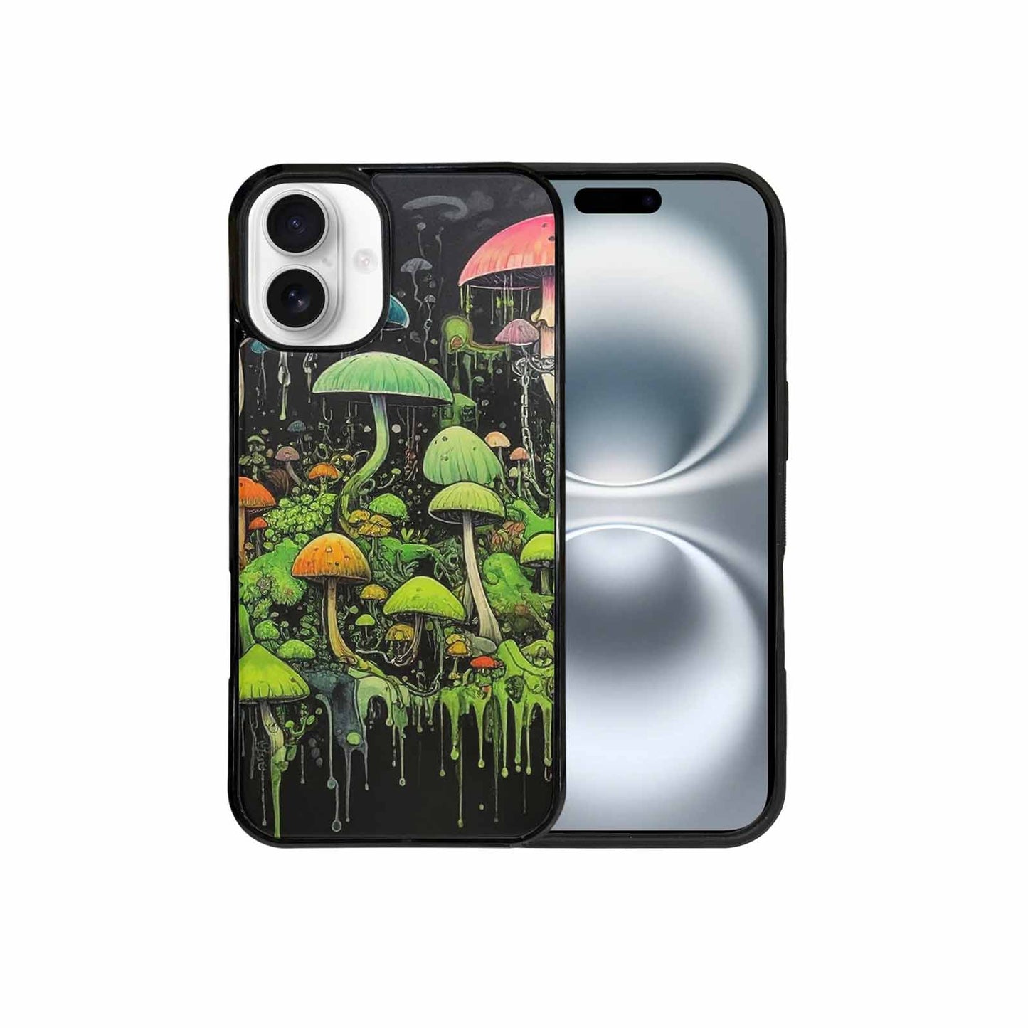 iPhone 16 Plus Case — Rainbow Drip Mushrooms Black Green Ink, Custom Print Case Cover