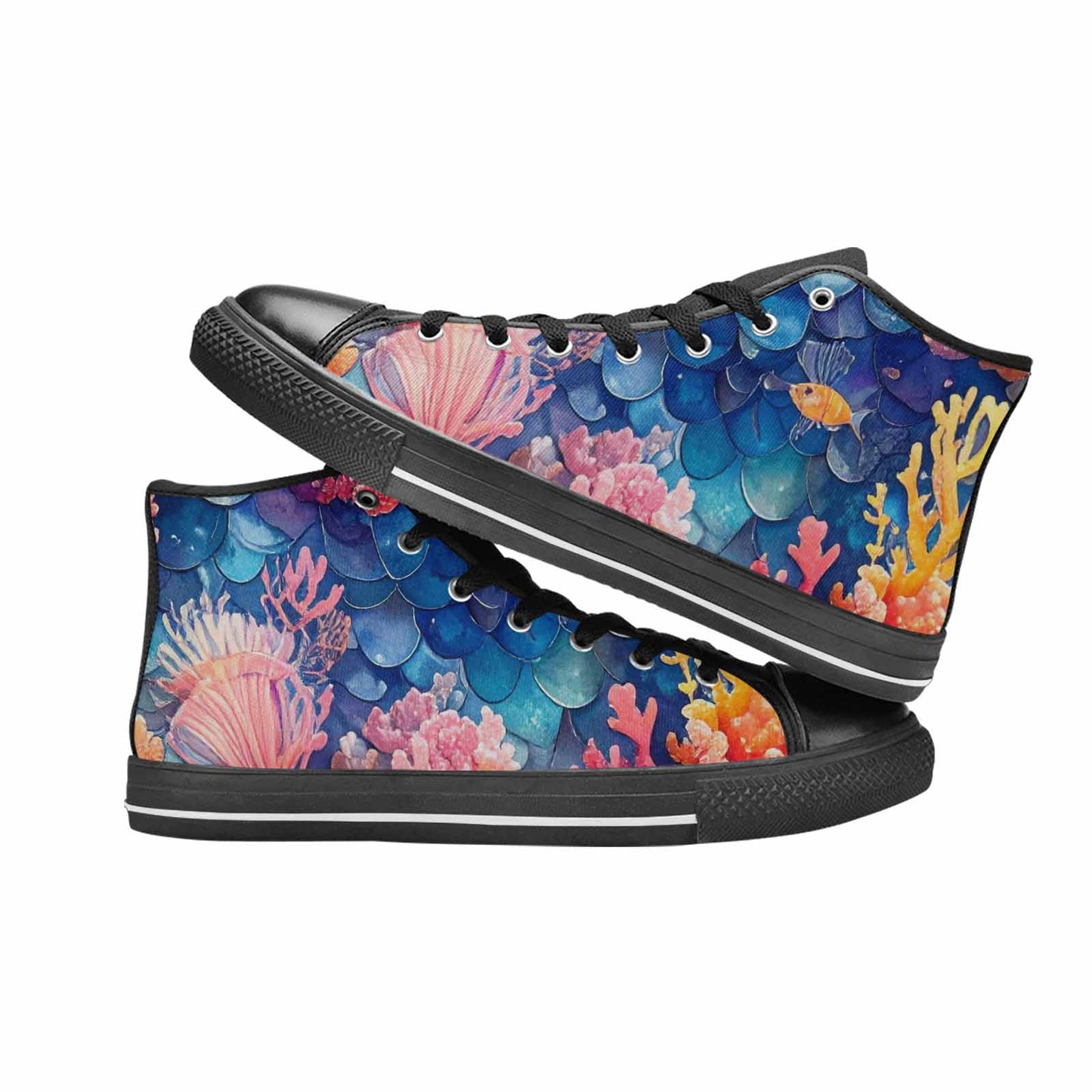 WOMEN'S Fish Scale Coral High Top Canvas Vibrant Chaos Custom Sneakers