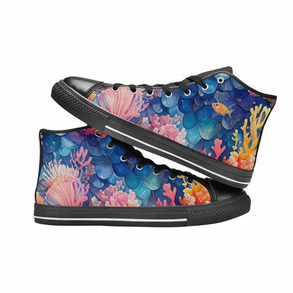 WOMEN'S Fish Scale Coral High Top Canvas Vibrant Chaos Custom Sneakers