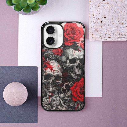 iPhone 16 Case — Skull And Roses Black Red Ink, Custom Print Case Cover