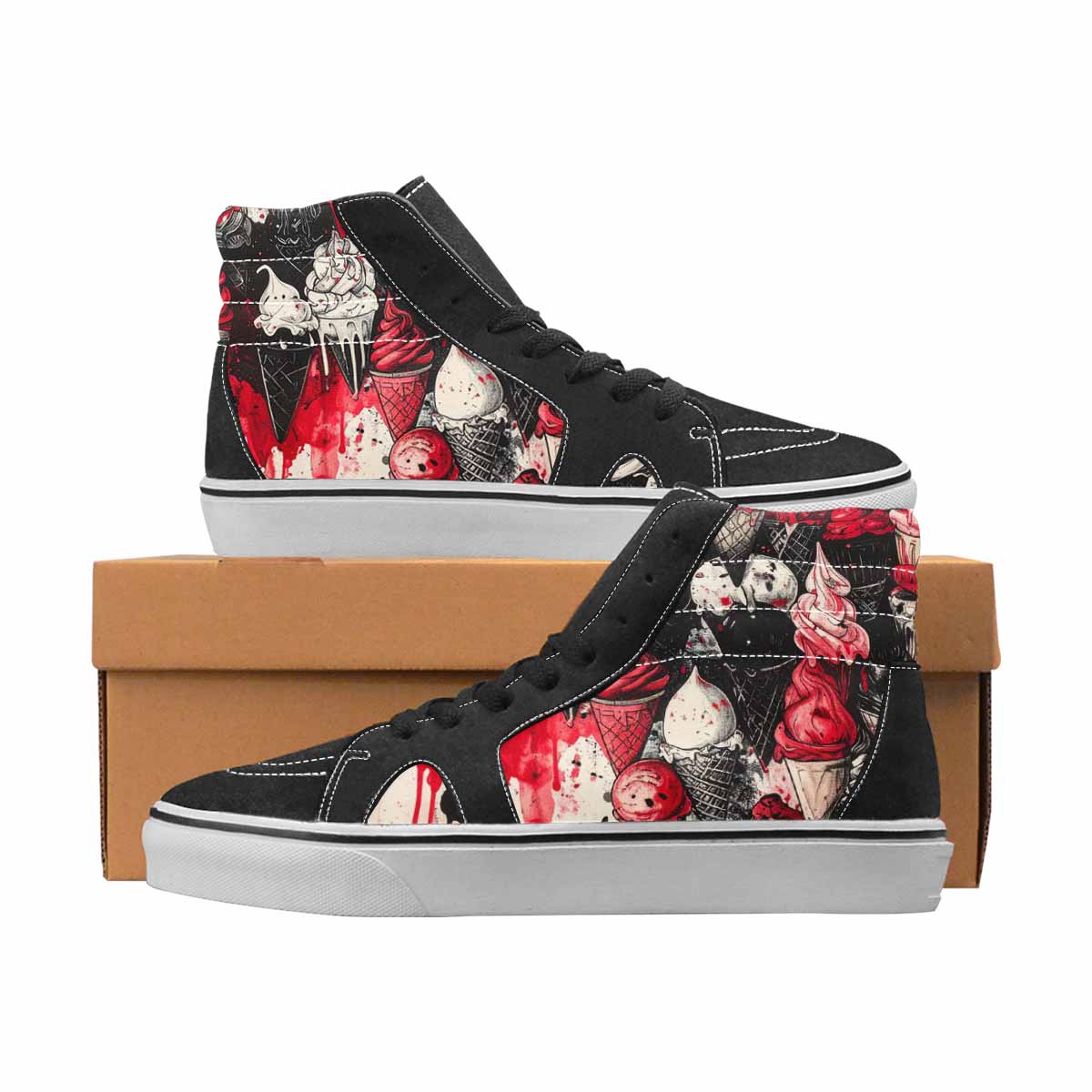 WOMEN'S Ice Cream Black & Red Ink High Top Canvas One Of A Kind Aesthetic Custom Shoes