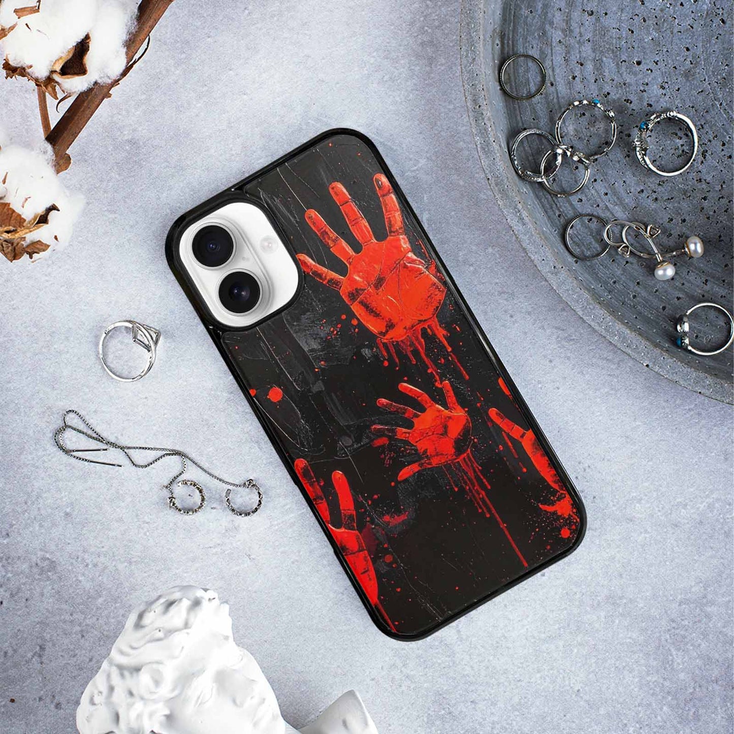 iPhone 16 Plus Case — Splatter Paint Art Hand Prints Black, Custom Printed Phone Case