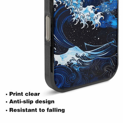 iPhone 16 Pro Case — Nautical Wave Black Blue Ink Wave, Custom Designed Case Cover