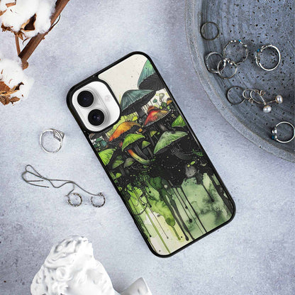 iPhone 16 Plus Case — Rainbow Drip Mushrooms Black Green Ink, Unique Phone Case Design