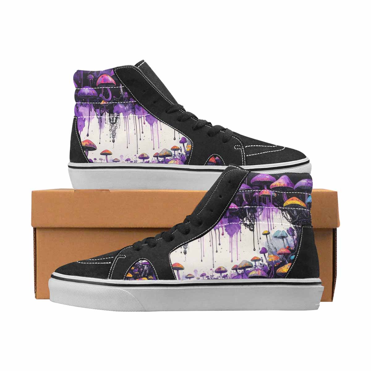 WOMEN'S Mushrooms Black & Purple Ink High Top Canvas Custom Fashion Melting Art Original Art Sneakers
