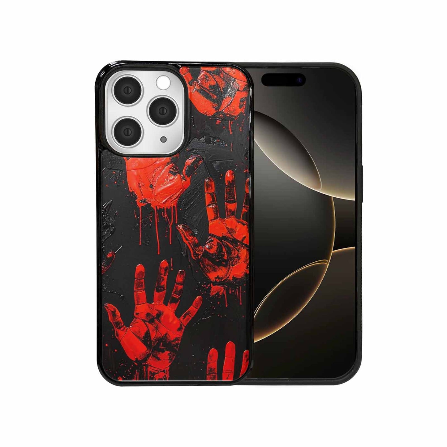 iPhone 15 Pro Max Case — Splatter Paint Art Hand Prints Black, Custom Designed Case Cover