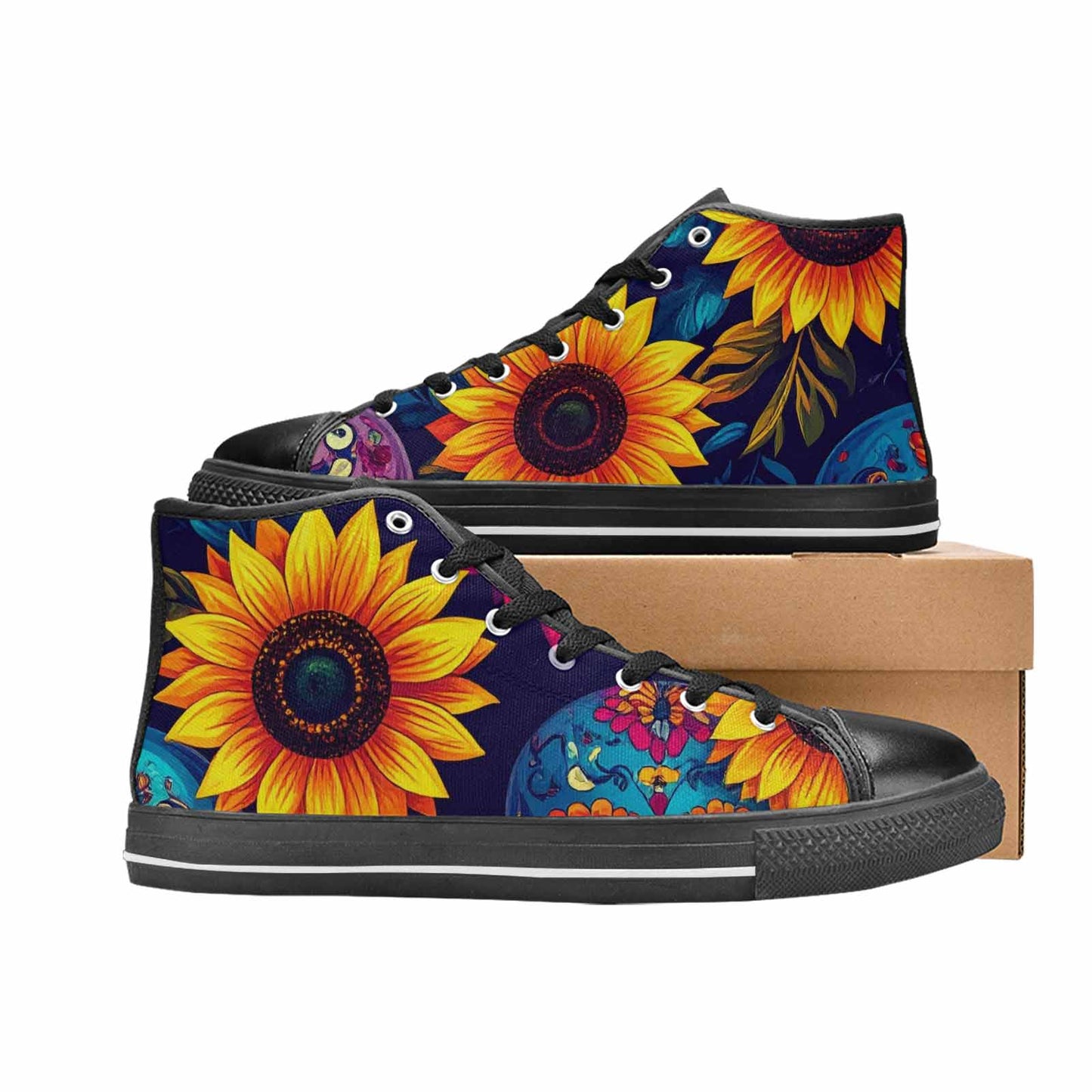 MEN'S Sunflower Skulls Print High Top Canvas Vivid Custom Shoes