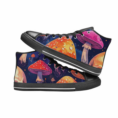 WOMEN'S Mushroom Skulls High Top Canvas Neon Fantasy Sneakers