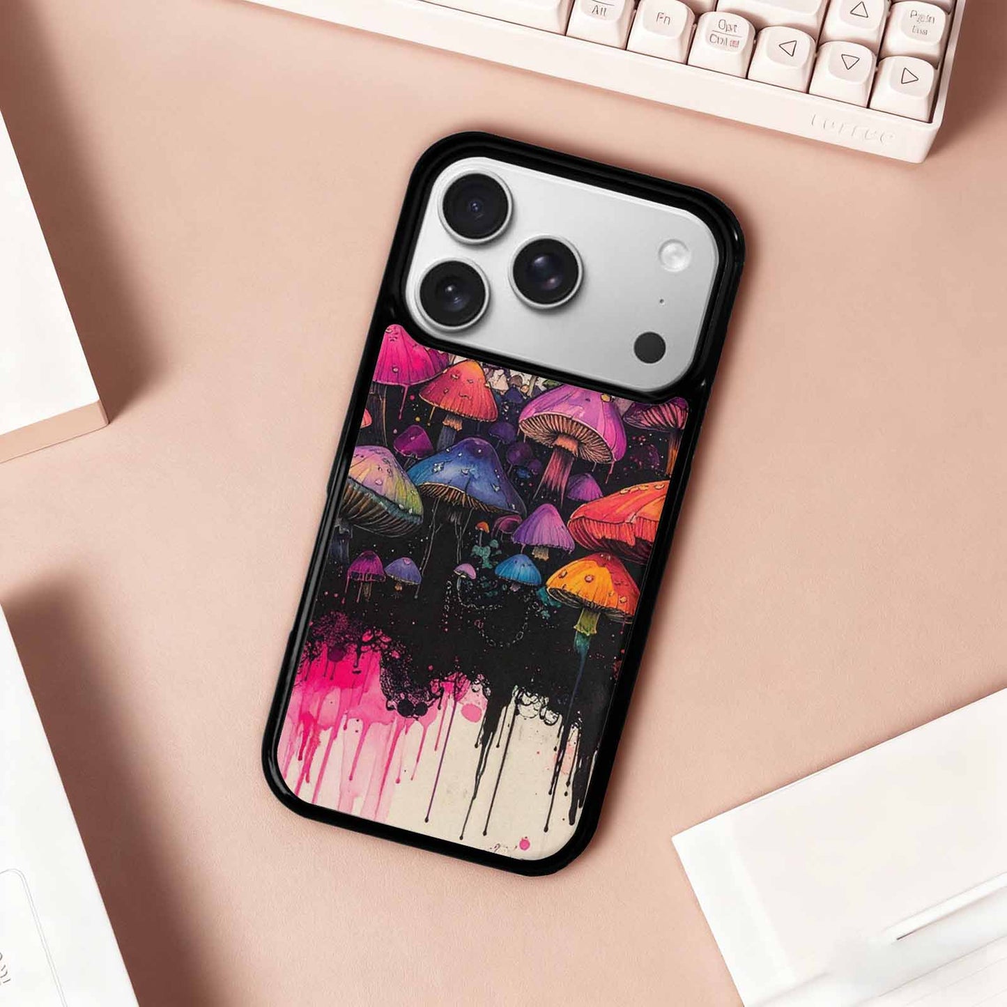 iPhone 17 Pro Case — Rainbow Drip Mushrooms Black Pink Original, Unique Phone Case Design