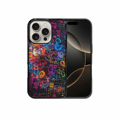 iPhone 16 Pro Case — Neon Glow Outline Icon Pattern Hundreds, Custom Printed Phone Case