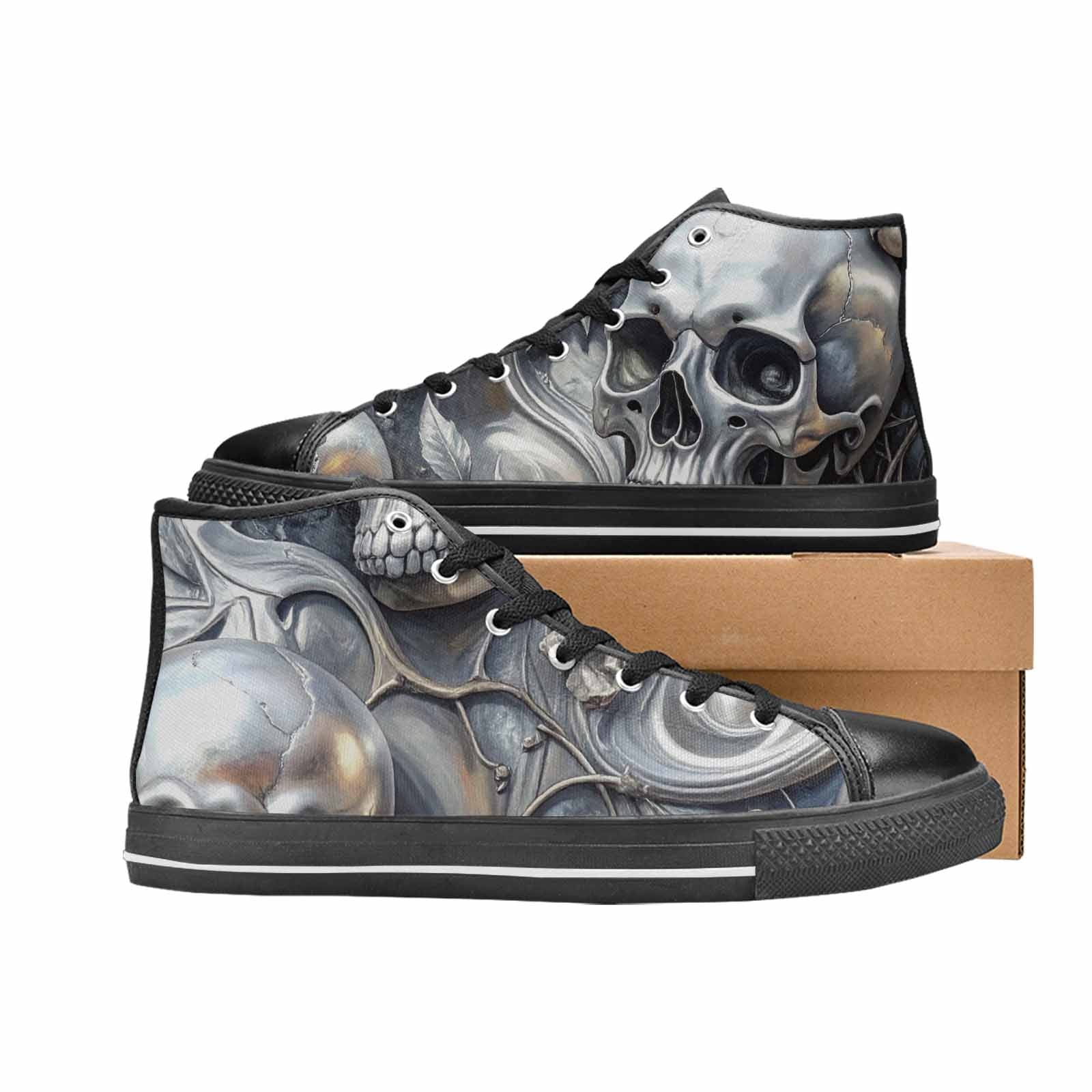 MEN'S Skulls Roses Chrome Airbrush High Top Canvas Vibrant Chaos Shoes