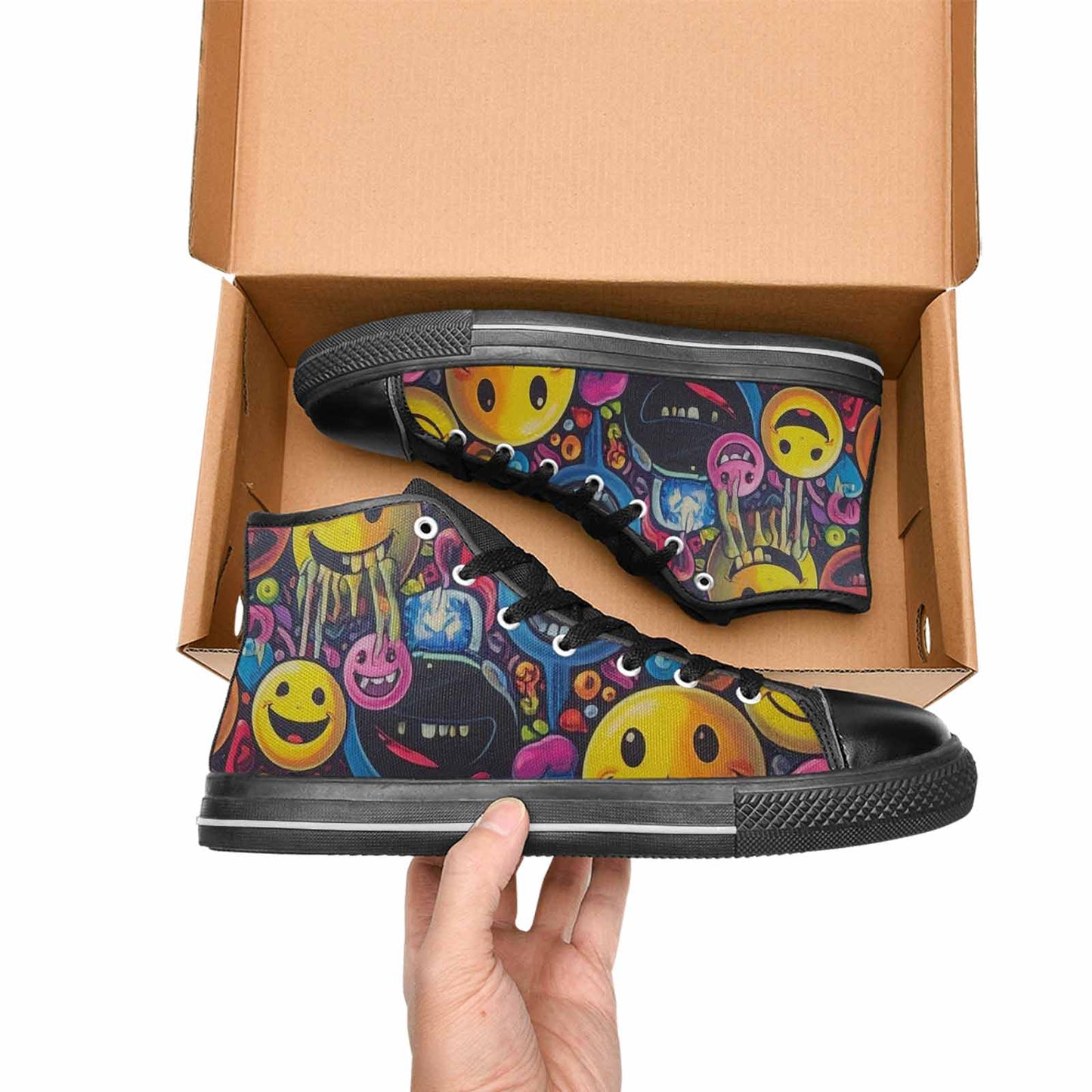 WOMEN'S Yellow Smiley Face High Top Canvas Neon Fantasy Sneakers
