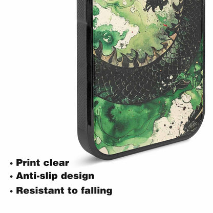 iPhone 15 Plus Case — Dragon Scale Black Green Ink Dragons, Customized Protective Case