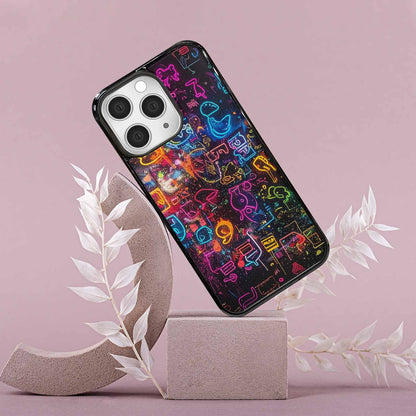 iPhone 15 Pro Max Case — Neon Glow Outline Icon Pattern Hundreds, Custom Print Case Cover