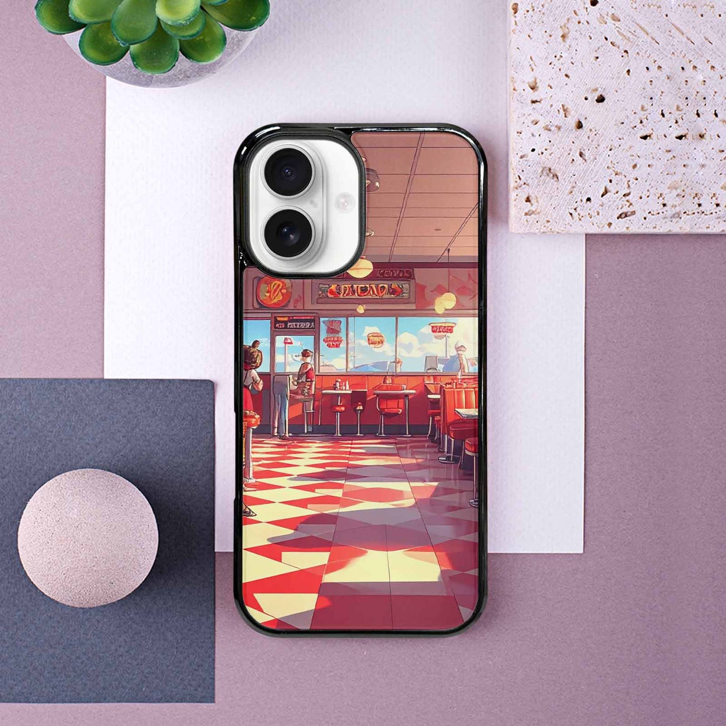 iPhone 16 Case — 1950s Diner Cartoon Art Pattern, Custom Print Case Cover