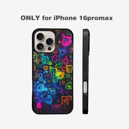 iPhone 16 Pro Max Case — Neon Glow Outline Icon Pattern Hundreds, Custom Art Phone Cover