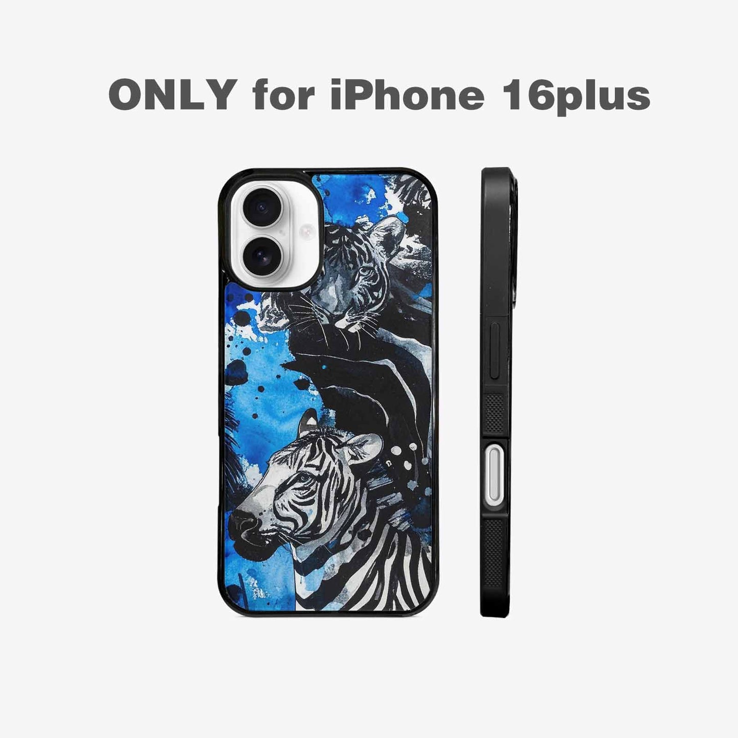 iPhone 16 Plus Case — Animal Print Black Blue Ink Animal, Custom Print Case Cover