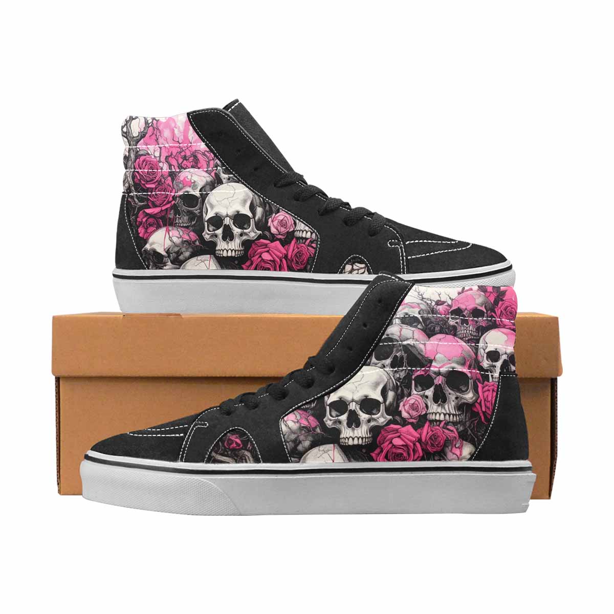 WOMEN'S Skulls Black & Pink Ink High Top Canvas Bold Print Cottagecore Customized Sneakers