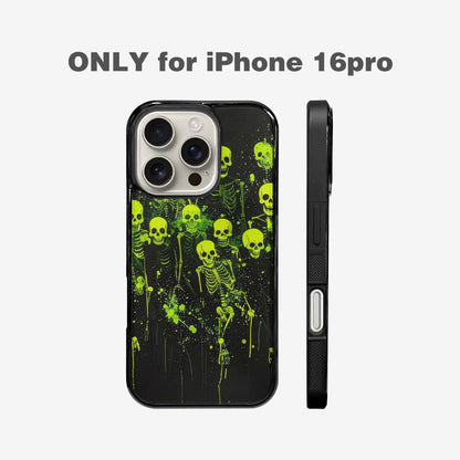 iPhone 16 Pro Case — Skeletons Neon Green Glow Skeletons Pattern, Custom Phone Case