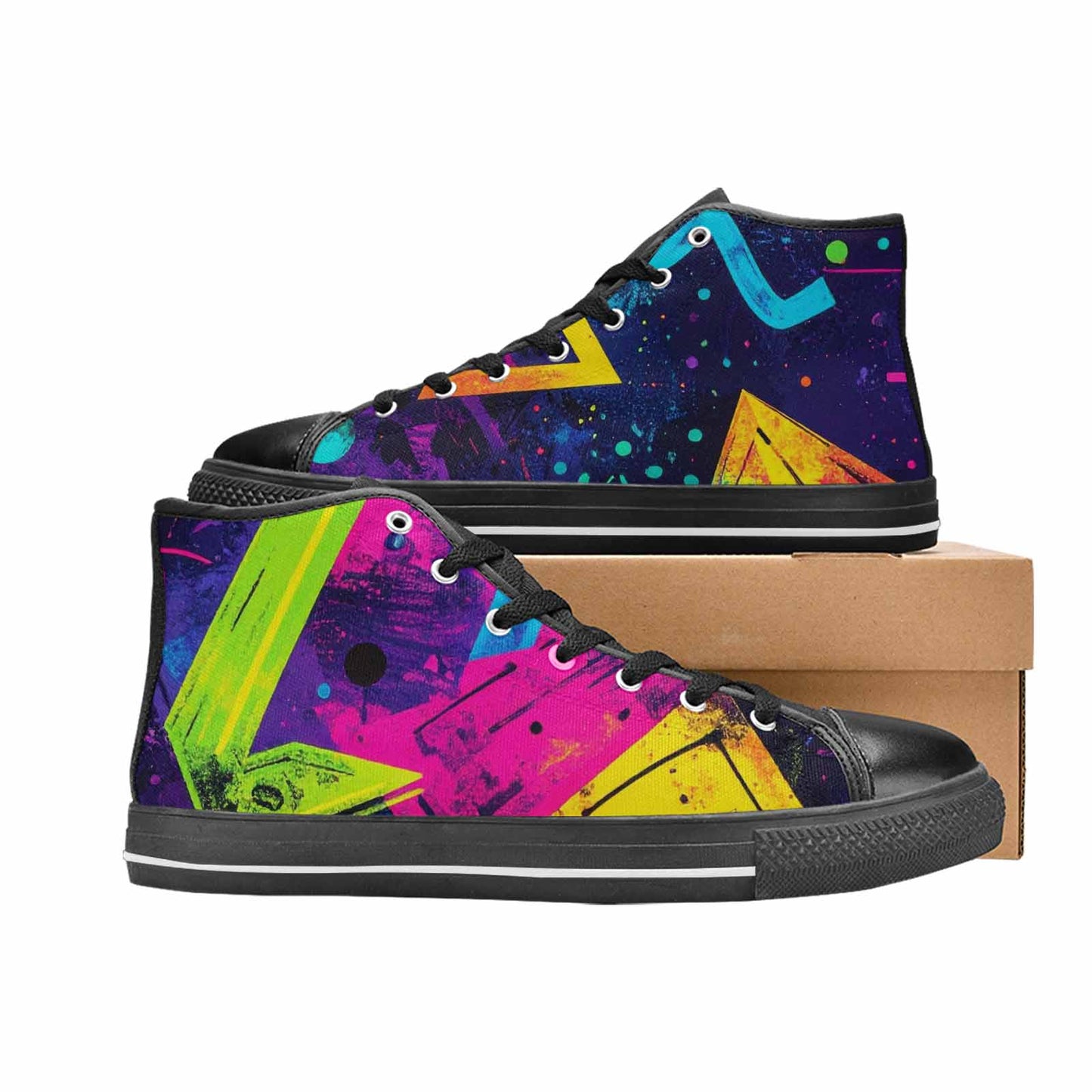 MEN'S Memphis Squiggles Triangles Dots High Top Canvas Wallpaper Art Sneakers