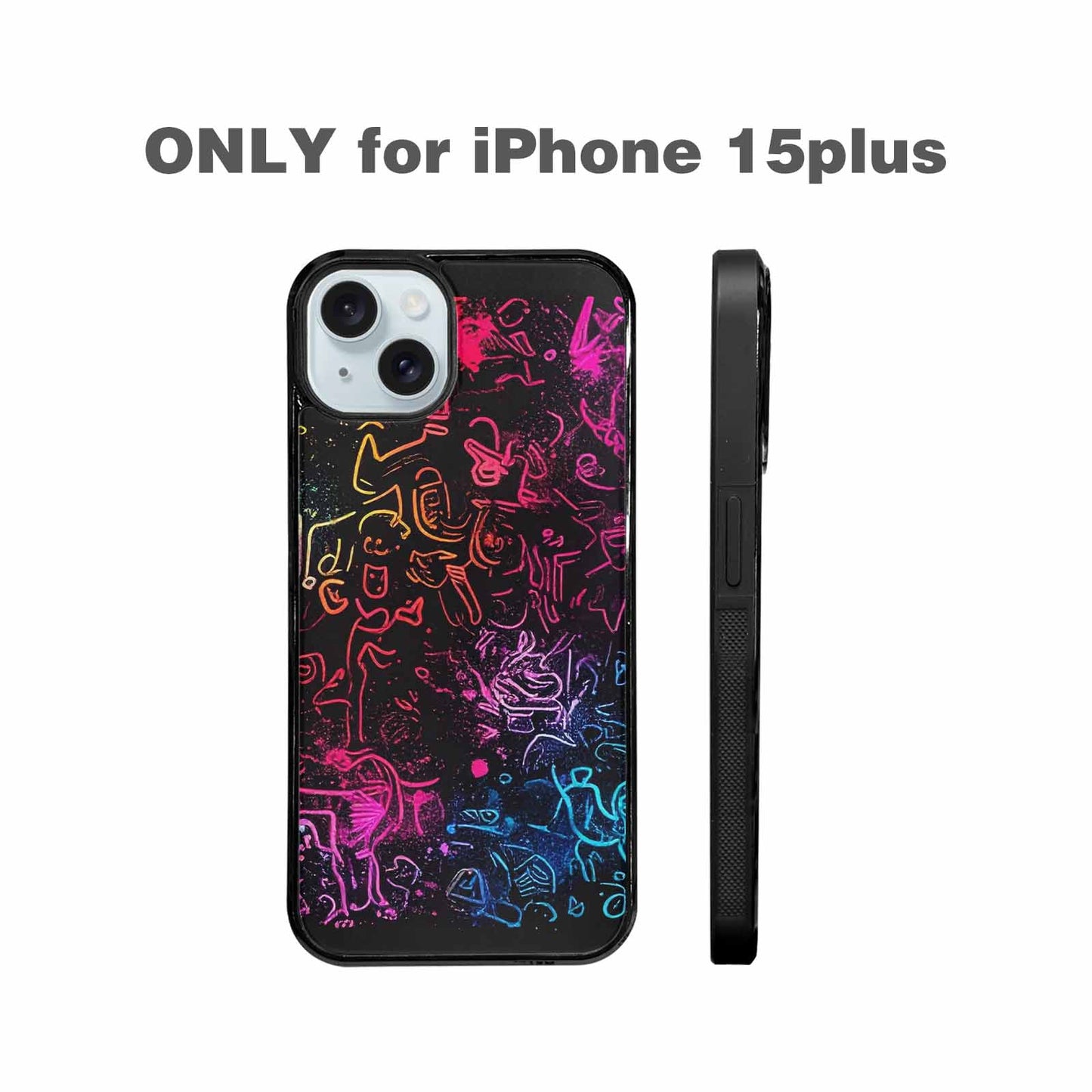 iPhone 15 Plus Case — Neon Glow Outline Icon Pattern Hundreds, Custom Print Case Cover