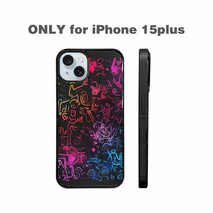 iPhone 15 Plus Case — Neon Glow Outline Icon Pattern Hundreds, Custom Print Case Cover