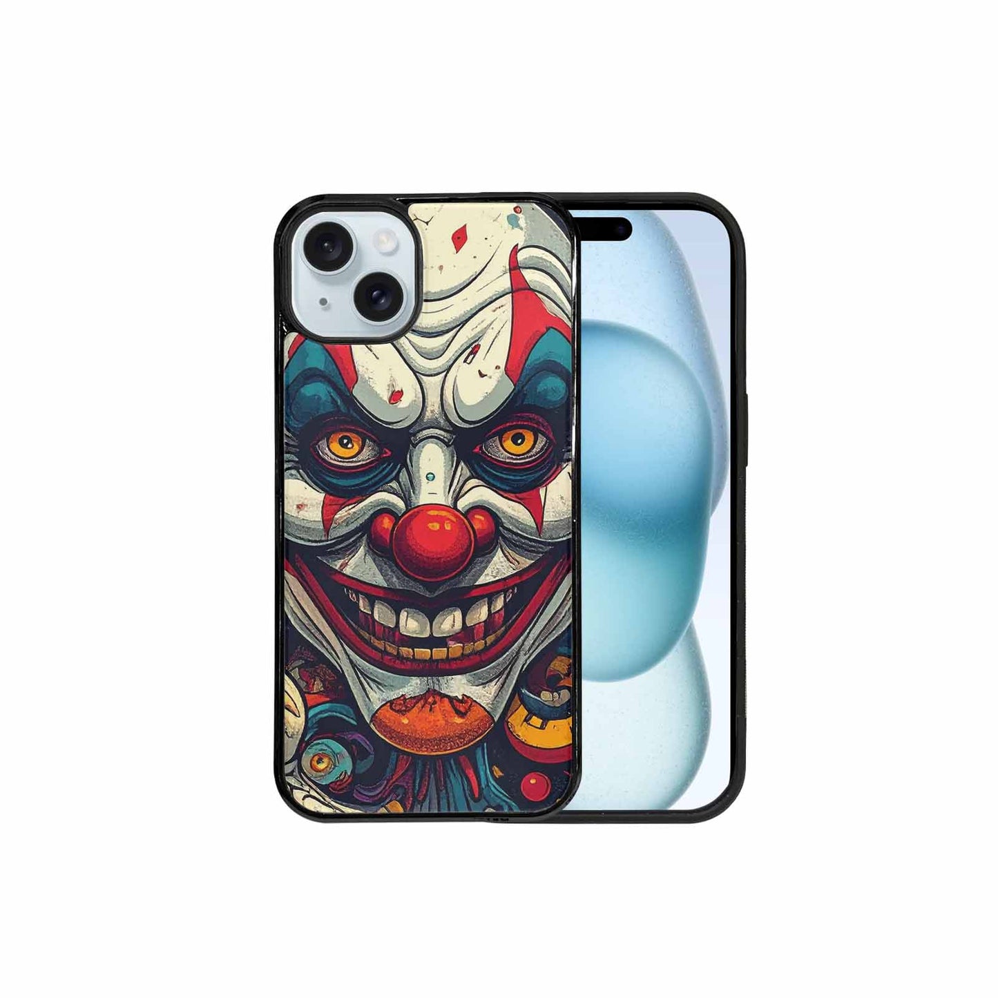 iPhone 15 Plus Case — Evil Circus Heads Faces Overlapping Patterns, Custom Made Phone Cover
