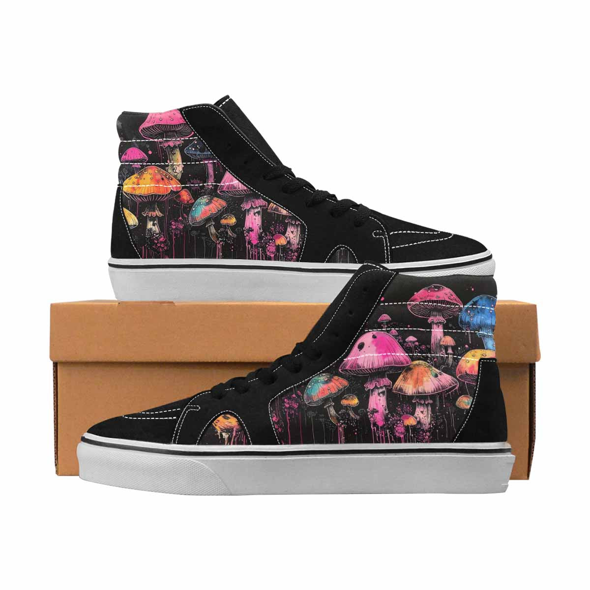 MEN'S Mushrooms Black & Pink Ink High Top Canvas Personalized Melting Art Sneakers