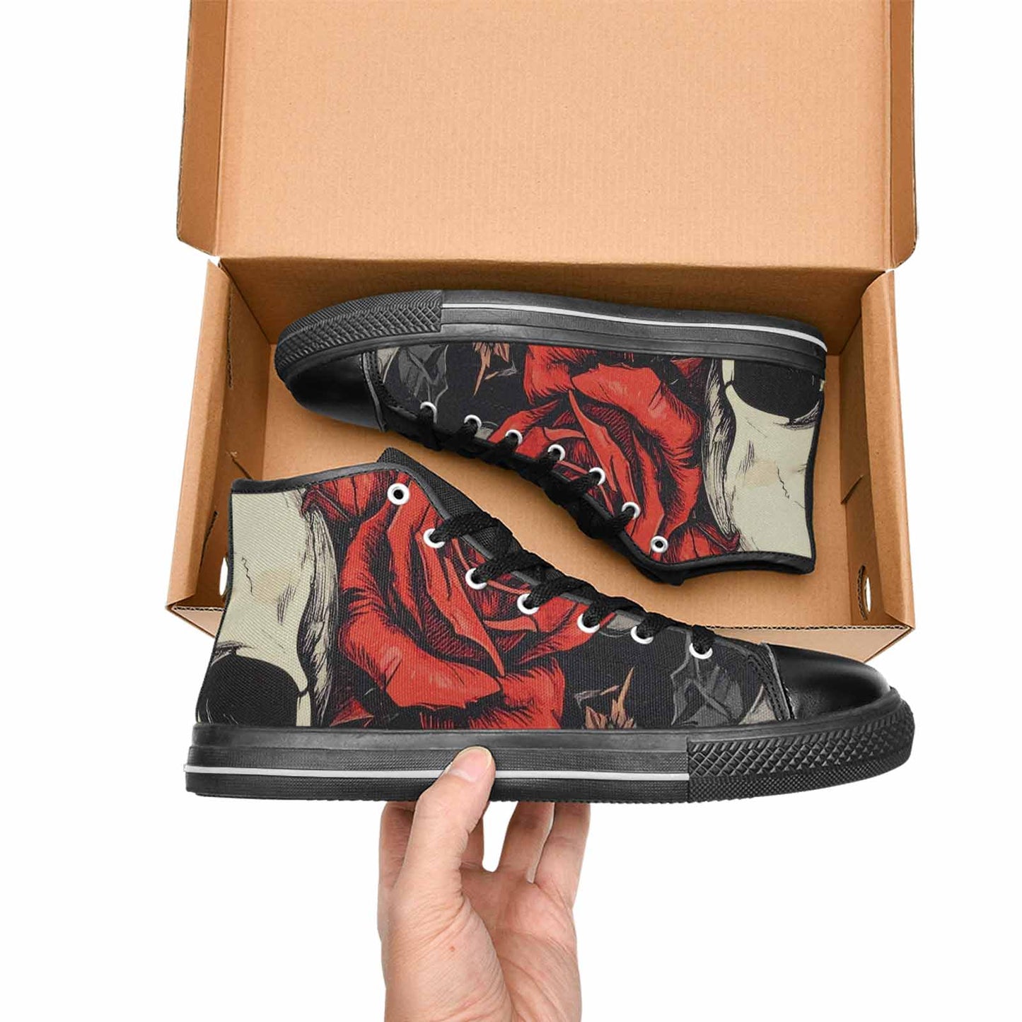 WOMEN'S Skulls Roses Bold Pen Ink High Top Canvas Cottagecore Custom Sneakers